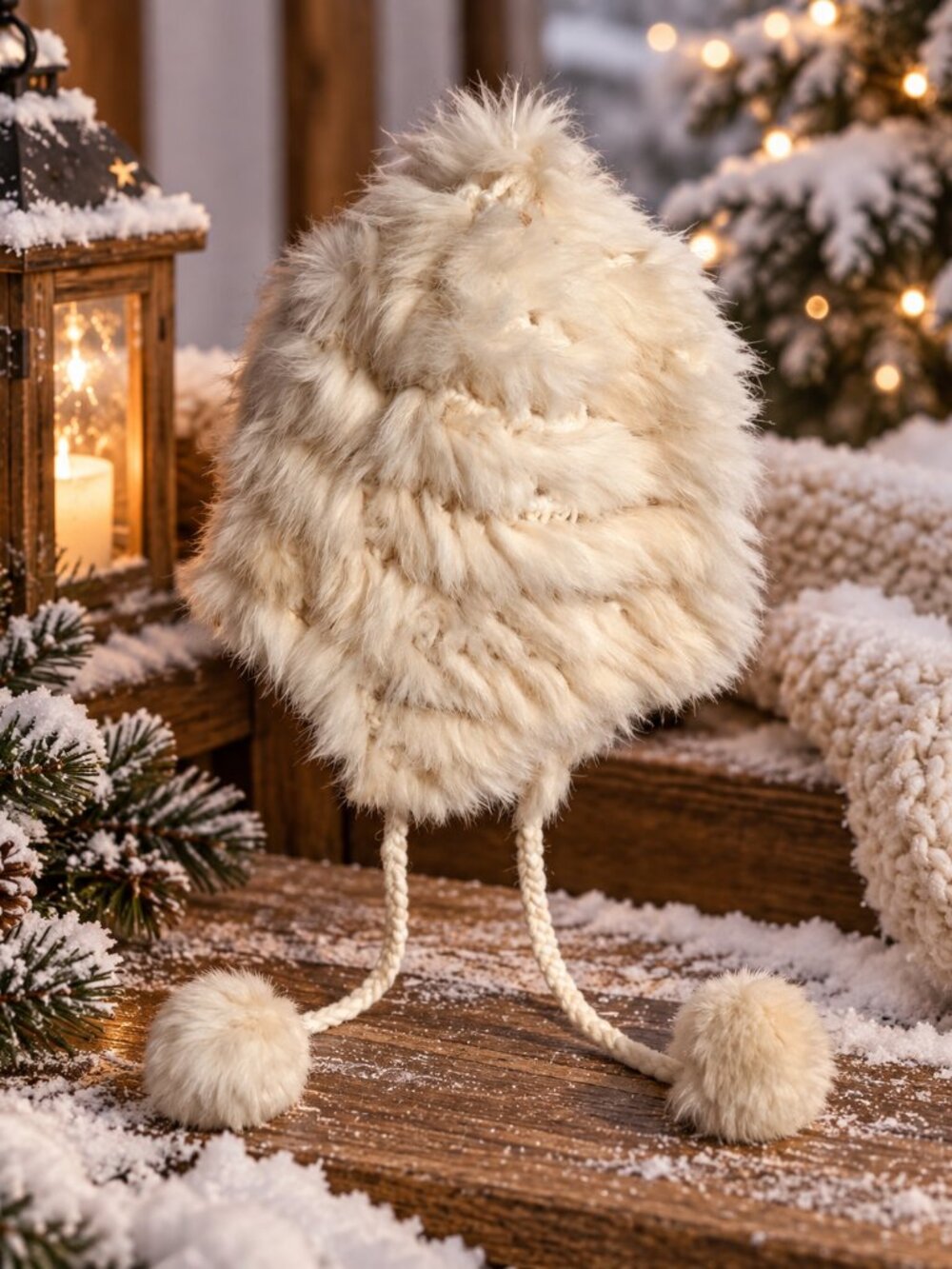 Moonshadow Cream Knit Rabbit Fur Trapper Beanie Hat with Pompoms One Size